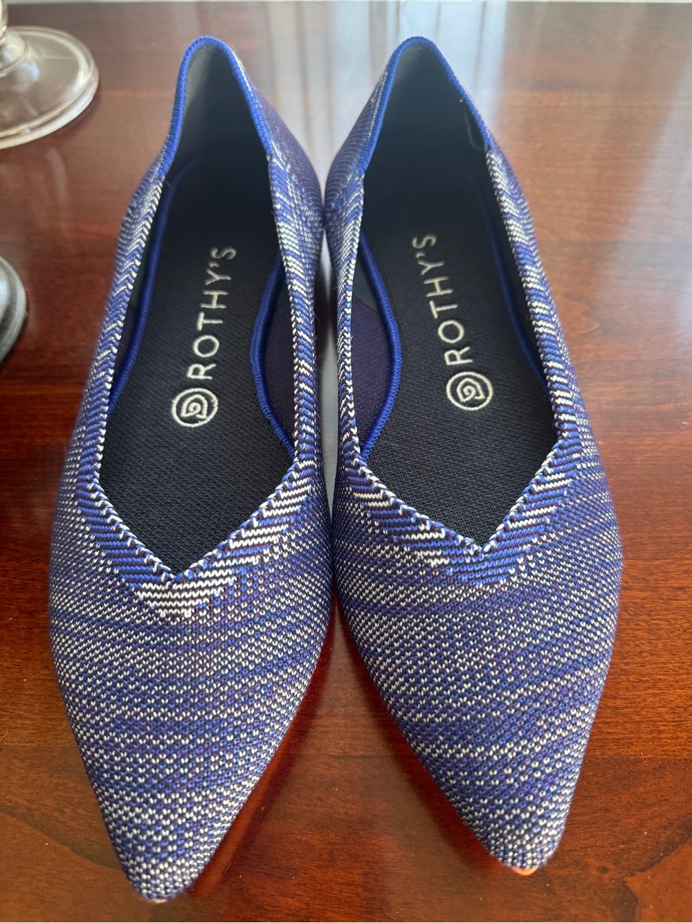 Rothy's The Point II Pointed Toe Flats Birds Eye Blue Orange Sole, Size 8.5